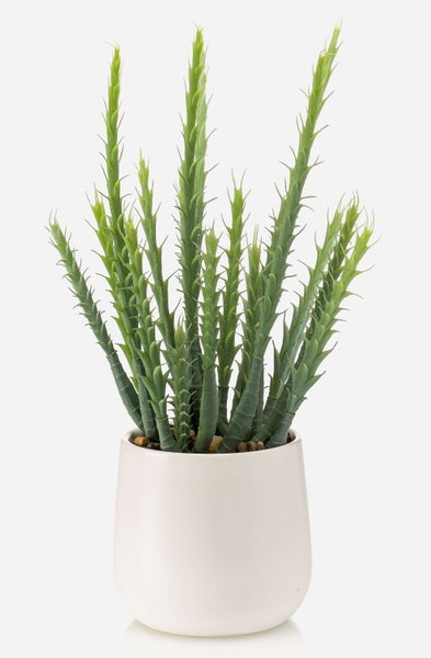 Künstliche Sukkulente mit gezackten grünen Trieben in einem weißen Topf mit Kieselsteinen.