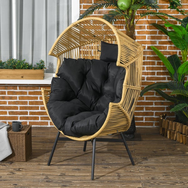 Outsunny Rattansessel, Rattan Korbsessel mit dickem Sitzkissen in Eiform, 120 kg belastbar, 89L x 75B x 143H cm, Stahl, PE Rattan, Sand