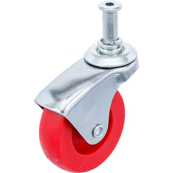 Lenkrolle mit Metallgehäuse und rotem Kunststoffrad zur Montage an Möbeln.
