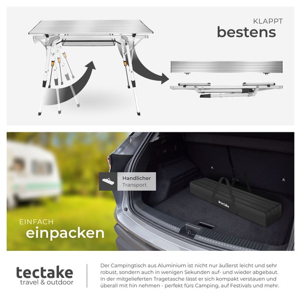 Faltbarer Camping-Tisch aus Aluminium von tectake, platzsparend zusammengeklappt in einer Tragetasche im Kofferraum eines Autos. tectake Logo.