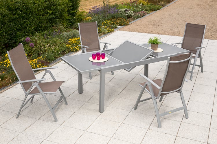 Carrara Gartenmöbelset 5tlg., Klappsessel, Ausziehtisch 160 (220) x 90 cm, taupe