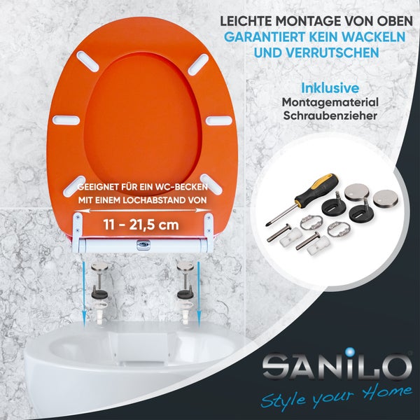 Sanilo Toilettensitz mit Montagematerial und Schraubenzieher, Montage von oben, passend für Lochabstand 11 bis 21,5 Zentimeter. Sanilo Logo.