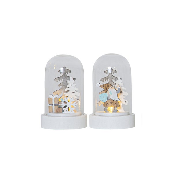 Zwei Weihnachtsdekorationen in Glasglocken mit Holzfiguren