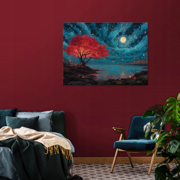 Wandbild mit Nachtlandschaft und rotem Baum über einem Gewässer in einem modern eingerichteten Schlafzimmer.