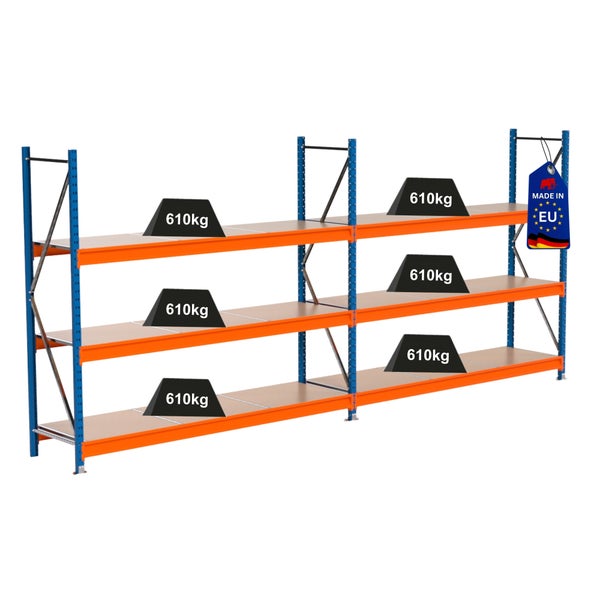 Belastetes Lagerregal mit dem Hinweis Hergestellt in der Europäischen Union