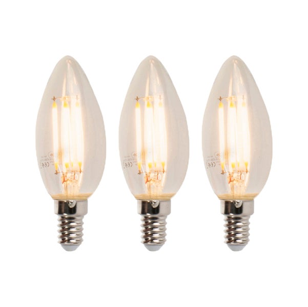 Set aus drei LED-Filament-Leuchtmitteln in Kerzenform mit E14-Sockel und klarem Glas.