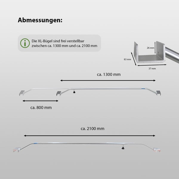 Maßzeichnung einer verstellbaren XL Kleiderstange mit U-Profil Halterungen und Breitenangaben von circa 1300 Millimeter bis 2100 Millimeter.