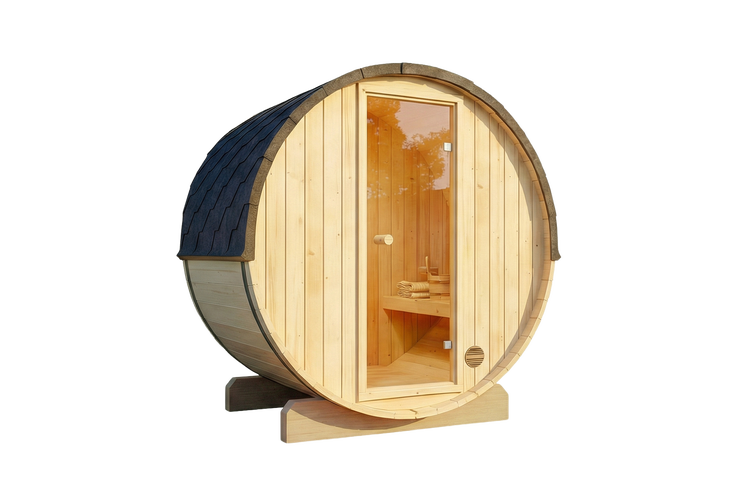 Fasssauna aus Holz mit Glastür und schwarzem Schindeldach.