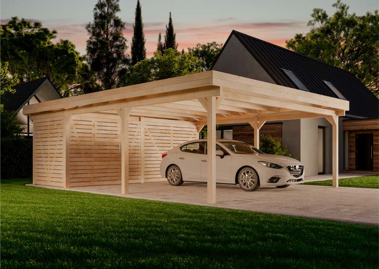 Alpholz Doppelcarport Freya Carport aus Holz, Unterstand inklusive Geräteraum, Überdachung mit Montagematerial, Naturbelassen