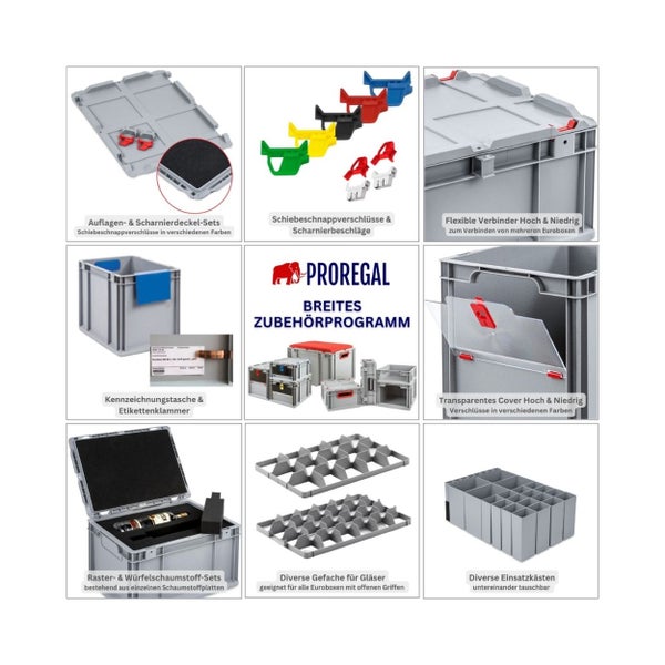 PROREGAL Spar Set 4x Eurobox Nextgen Economy Mit Scharnierdeckel & Blauen Schiebeschnappverschlüssen Griffe Offen HxBxT 22 x 40 x 60 cm 44 Liter