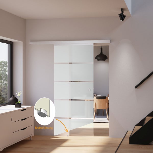 Tür Schiebetür Komplettset Glas Blockstreifen 880x2035 Zimmertür Glasschiebetür Schiebetürsystem -  Quadratgriff