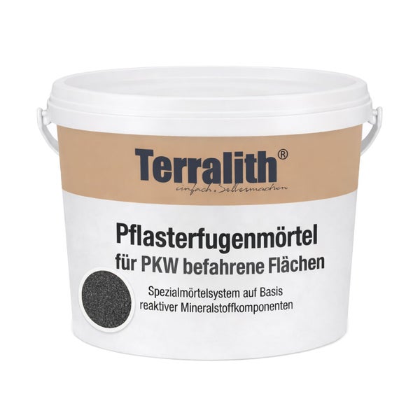 Terralith Pflasterfugenmörtel für PKW-befahrene Flächen, weißer Eimer mit Abbildung der Materialstruktur.
