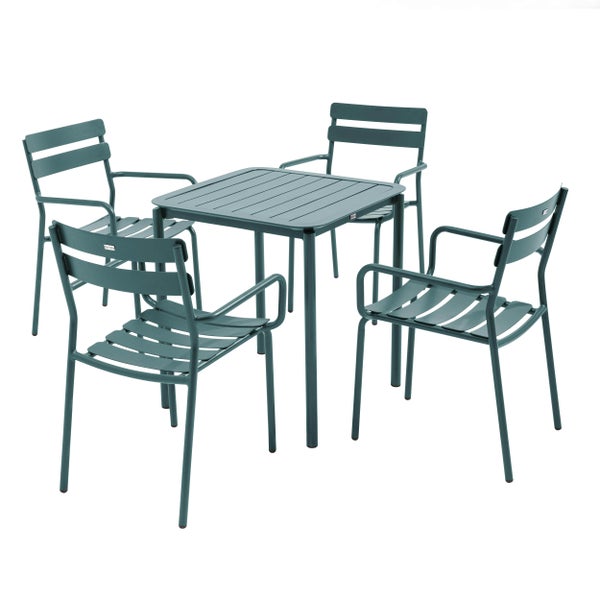 Gartenmöbel-Set bestehend aus einem quadratischen Tisch und vier Stühlen mit Armlehnen, petrolfarbenes Metall mit Lamellendesign.