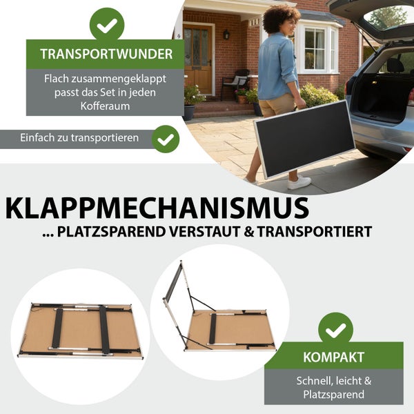 Zusammenklappbare Transportplattform für den einfachen Transport und platzsparende Lagerung.