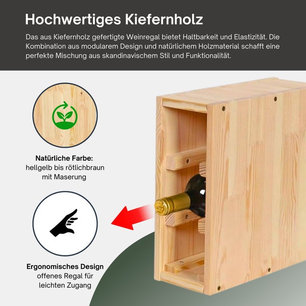 Weinregal aus Kiefernholz mit natürlicher Maserung und ergonomischem, offenem Design für einfachen Zugriff auf Weinflaschen.