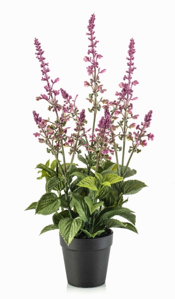 Detailaufnahme einer künstlichen Lavendelpflanze mit violetten Blütenrispen