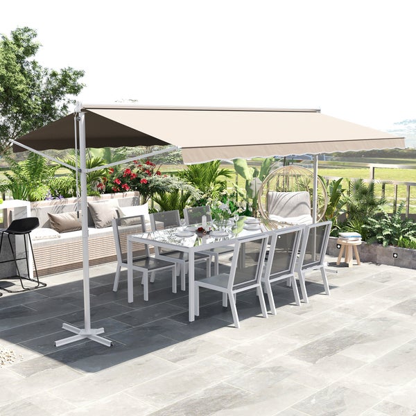 Outsunny Standmarkise Markise 4,5 x 3,4m Terrassenüberdachung Gartenmarkise mit Faltarm Kurbel Terrasse Creme Alu Metall