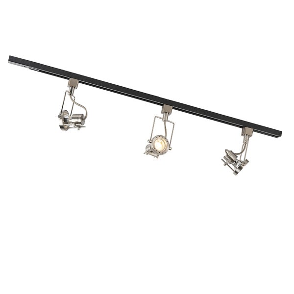 Dreiflammiges Schienensystem mit drei verstellbaren silberfarbenen Strahlern an einer schwarzen Schiene.