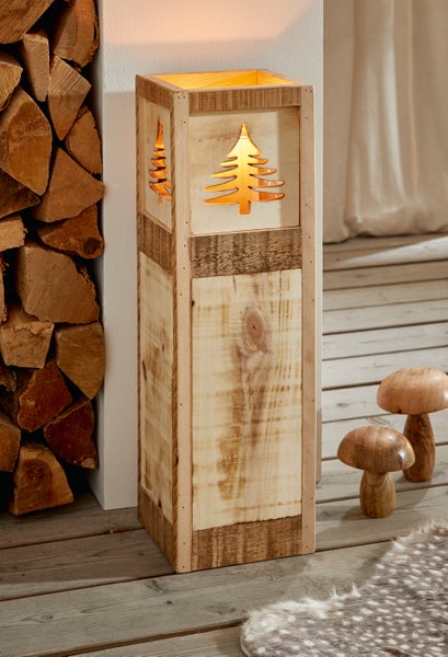 FRANK FLECHTWAREN | Windlichtsäule Tannenbaum, 17 x 17 x 57 cm, Glas Ø 10 x 15 cm, HOLZ, PAPPEL