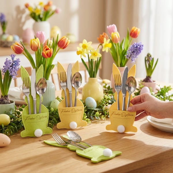 Osterbestecktaschen in Hasenform aus Filz mit der Aufschrift Frohe Ostern, dekoriert als festliche Tischdeko mit Frühlingsblumen und Eiern.