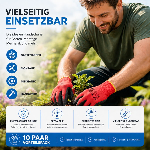 Ein Mann pflanzt einen Setzling mit roten Arbeitshandschuhen im Garten, geeignet für Gartenarbeit, Montage, Mechanik und Handwerk.