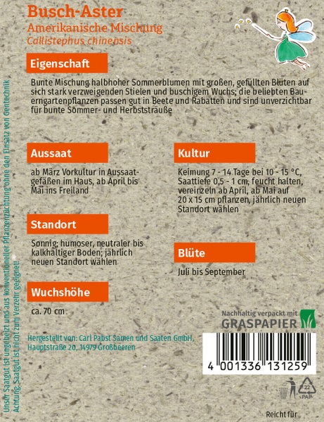 Rückseite einer Samentüte für Busch-Aster Amerikanische Mischung mit Informationen zu Aussaat, Standort, Blüte und einer Wuchshöhe von circa 70 cm.