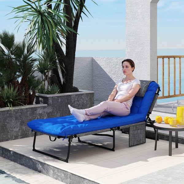 Outsunny Sonnenliege klappbar Gartenliege mit Kopfkissen, Liegestuhl mit 4-Fach verstellbare Rückenlehne, wetterfeste Campingliege, Gartenstuhl bis 120 kg belastbar, für Garten Outdoor Pool, Blau