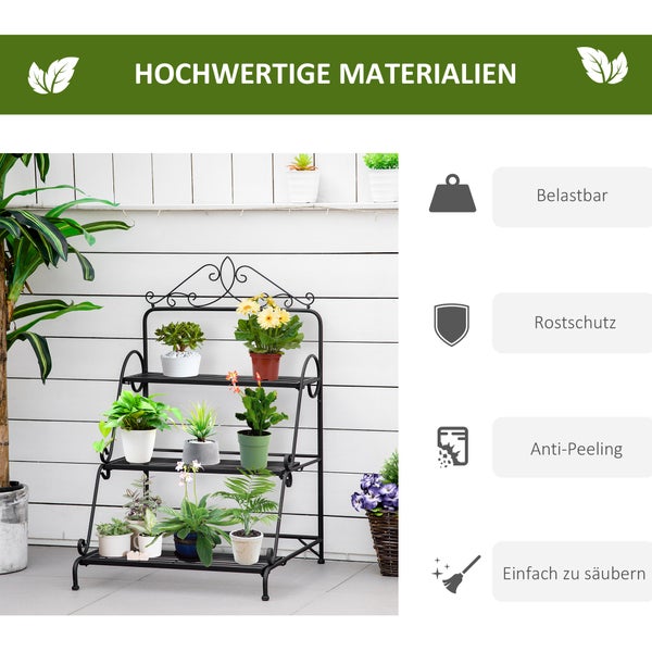 Outsunny Blumentreppe aus Metall 3 Stufen Pflanzenständer Pflanzentreppe Leiterregal Blumenständer innen draußen Schwarz 60,5 x 59,5 x 95,5 cm