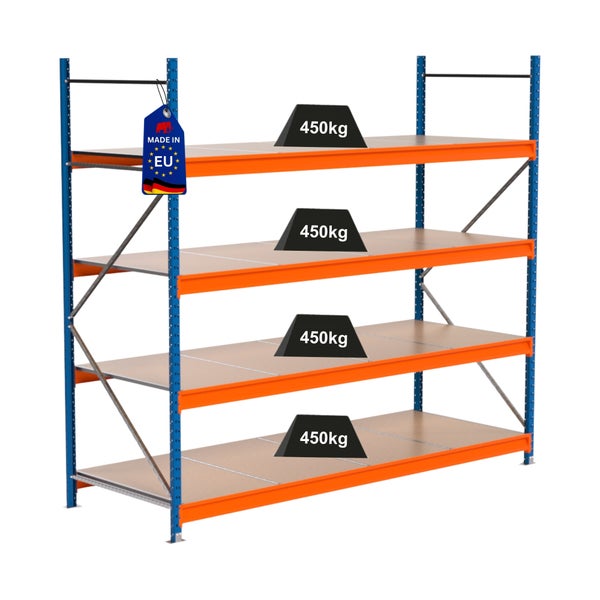 Steckregal mit vier Ebenen, jeweils mit 450 Kilogramm belastbar, Hergestellt in der Europäischen Union