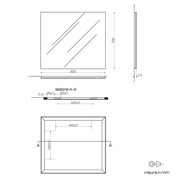 Technische Zeichnung eines rechteckigen Spiegels mit den Maßen 800 Millimeter Breite, 700 Millimeter Höhe und 2,5 Millimeter Tiefe.