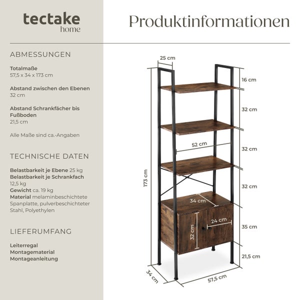 Produktdetails des Leiterregals mit Schrankfach und vier Ablageflächen von tectake home