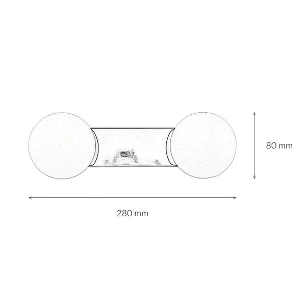 Abbildung einer Wandleuchte mit einer Länge von 280 mm und einer Höhe von 80 mm.
