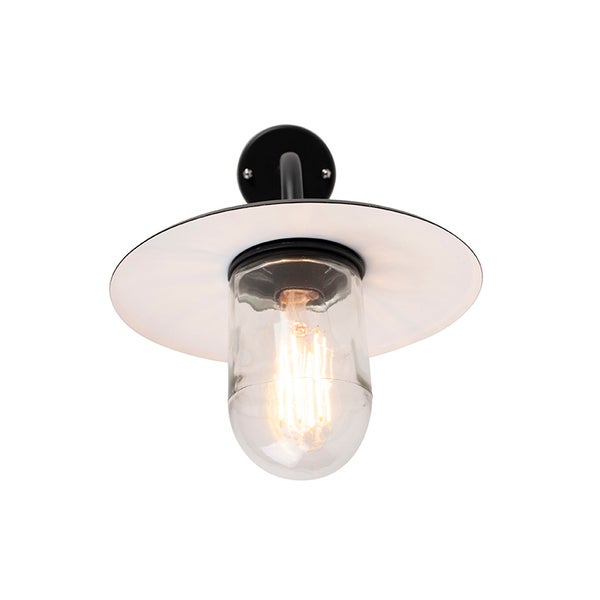 Außenwandleuchte mit weißem Schirm, klarem Glas und schwarzer Halterung im Industrie-Stil.