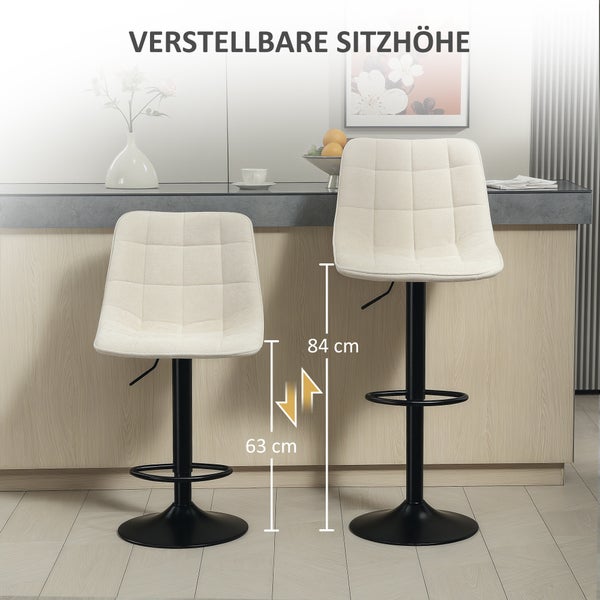 HOMCOM Barhocker 2er-Set, Gepolstert Barstuhl mit Lehne, Stahlgestell, Chenille-Optik, Höhenverstellbare Küchenstühle mit Fußstütze 360° Drehbar Tresenhocker für Küche, Wohnzimmer Beige
