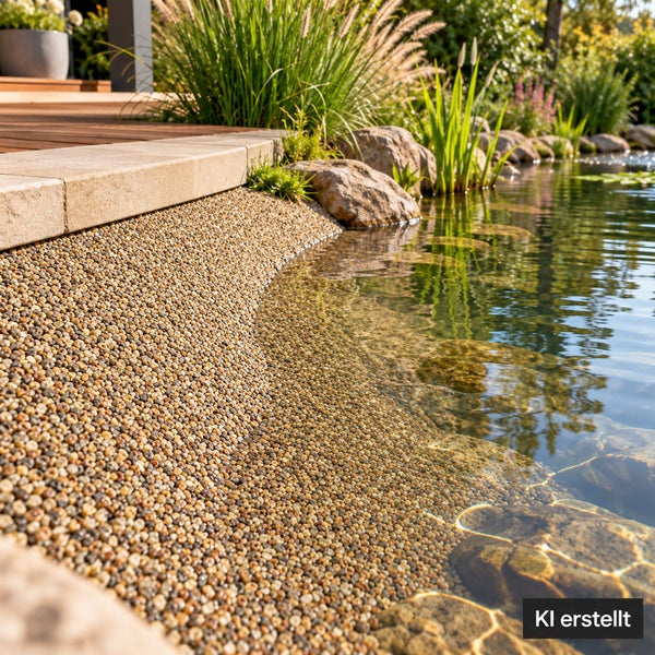 Ein naturnah gestalteter Schwimmteich mit Kieselstrand und einer Holzterrasse, umgeben von Gräsern und Findlingen in einer Gartenlandschaft.