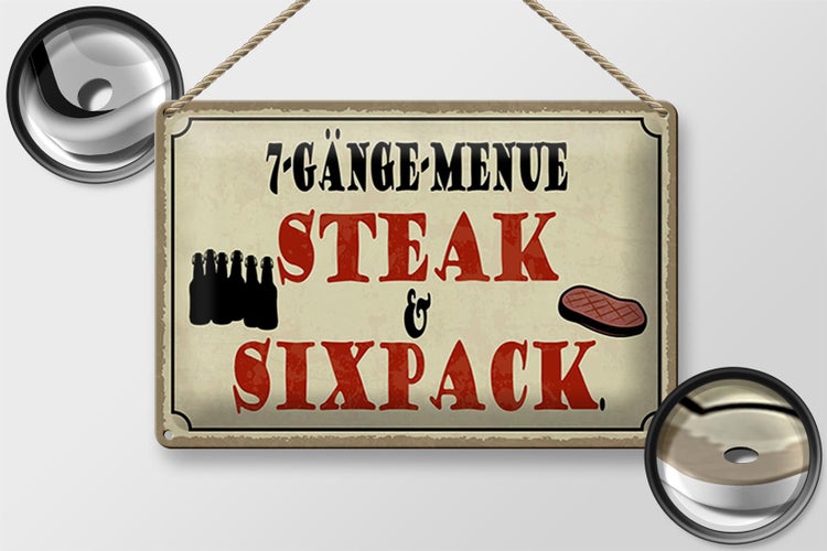 Blechschild Spruch 30x20cm 7 Gänge Menü Steak Sixpack Grill