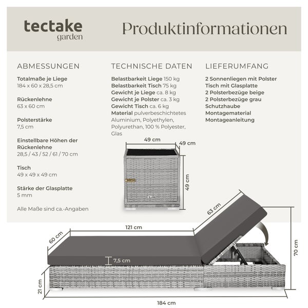 2er Set Rattan Sonnenliegen tectake  wetterfest und UV-beständig mit Aluminiumgestell hellgrau