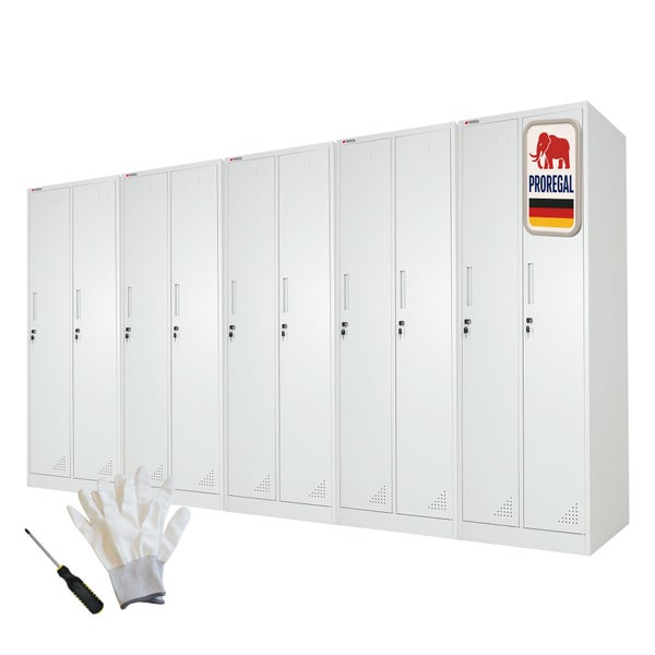 Zehn abschließbare Stahlschränke mit Lüftungsschlitzen und Griffen. Proregal Logo. Inklusive Schraubendreher und Arbeitshandschuhe.