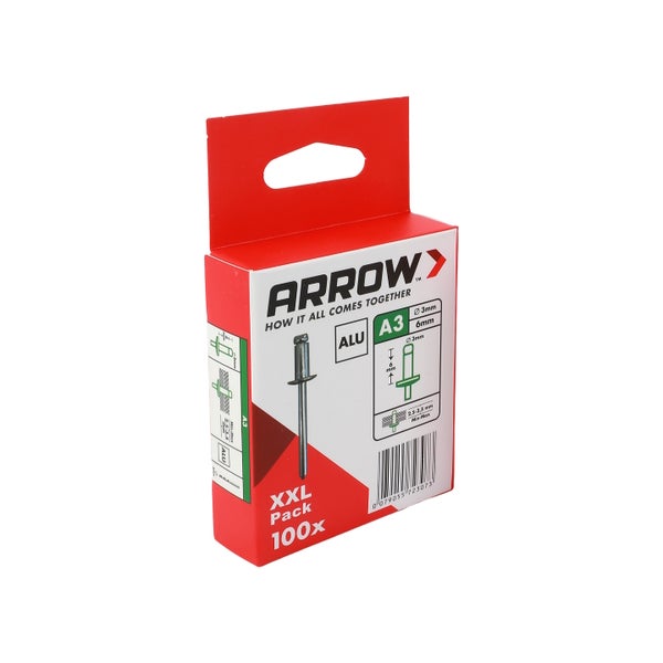 Arrow Blindniete Aluminium A3, Durchmesser 3 Millimeter, Länge 6 Millimeter, XXL Packung mit 100 Stück.