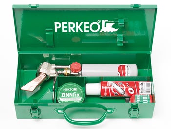Metallwerkzeugkoffer mit Perkeo Lötkolben Set inklusive Zinnfix Flussmittel und Zubehör für Klempnerarbeiten