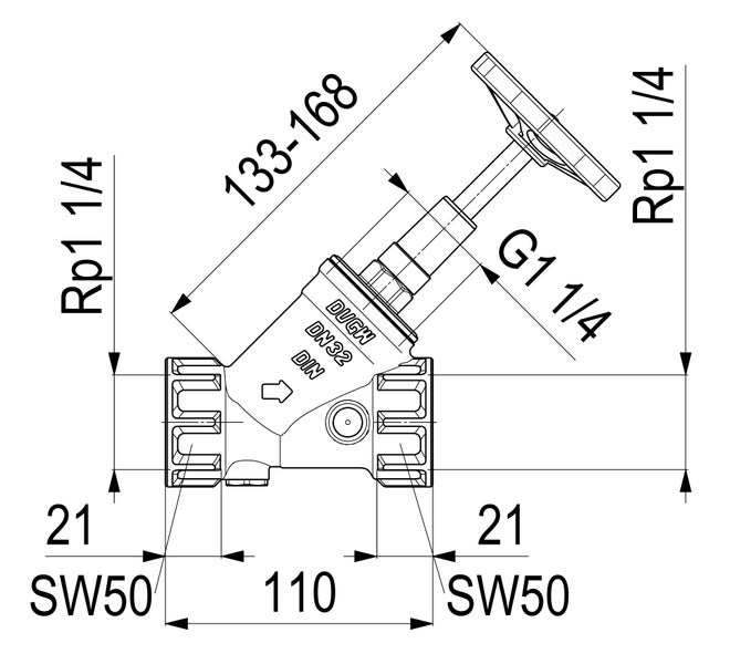 Technische Zeichnung eines Schrägsitzventils der Nennweite 32 mit Maßangaben in Millimeter und Zoll.