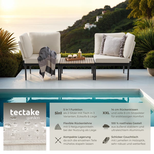Gartenlounge-Set tectake Magaluf Armlehnen mit Seitentaschen, stapelbar 5 in 1 Funktion, 5-fach verstellbare Lehne, dicke Polsterung anthrazit/grau