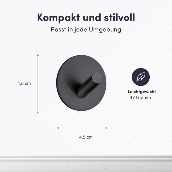 Runder schwarzer Wandhaken mit Abmessungen von 4,5 mal 4,5 Zentimeter und einem Gewicht von 47 Gramm.