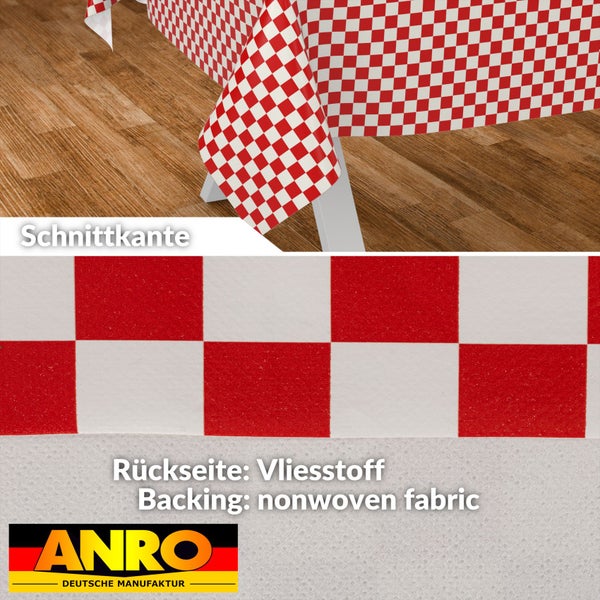 Kariertes Wachstuch mit Schnittkante und Rückseite aus Vliesstoff, ANRO Deutsche Manufaktur Logo.