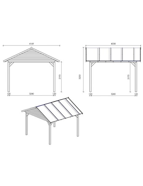 Technische Zeichnung eines Holz Carports mit Maßangaben in Millimetern für die Montageplanung.