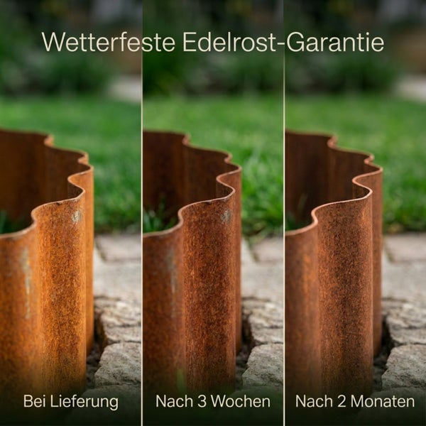 Wetterfeste Edelrost Garantie Darstellung der Oberflächenveränderung bei Lieferung sowie nach drei Wochen und zwei Monaten.