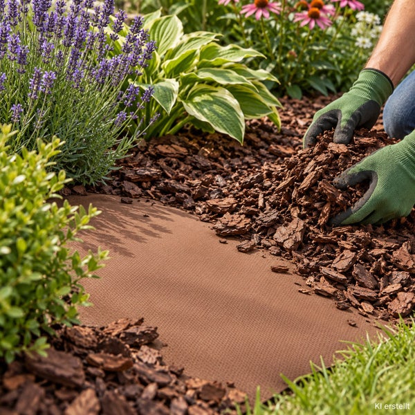 Eine Person verteilt Rindenmulch auf einem Gartenvlies in einem Gartenbeet mit Lavendel und Stauden.