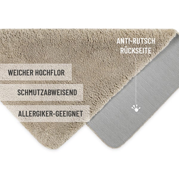 Teppich mit weichem Hochflor, schmutzabweisend, allergikergeeignet und rutschhemmender Rückseite.
