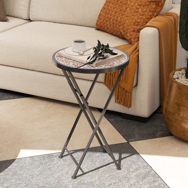 Outsunny Beistelltisch klappbar Gartentisch mit Mosaik-Design, Ø35,5 x 55 cm Rund wetterfest Balkontisch aus Metall, Campingtisch Klapptisch Kaffeetisch für Wohnzimmer Büro Outdoor Indoor, Mehrfarbig