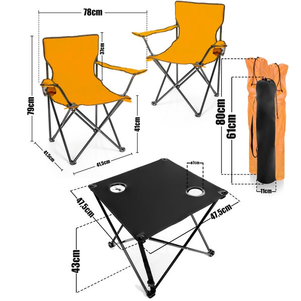 BigDean 2 Stück Campingstuhl mit Campingtisch faltbar – Faltstuhl in Neon Orange mit Getränkehalter & Tragetasche ideal für Camping, Festival & mehr